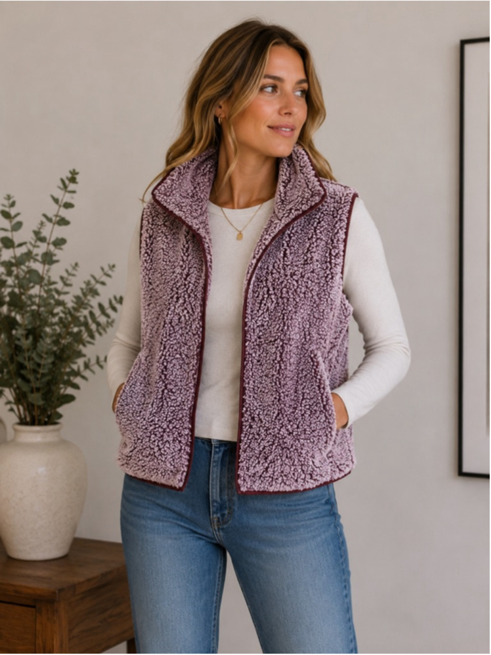 Women's Fantastic Fawn Vest Size L Purple Sherpa F26